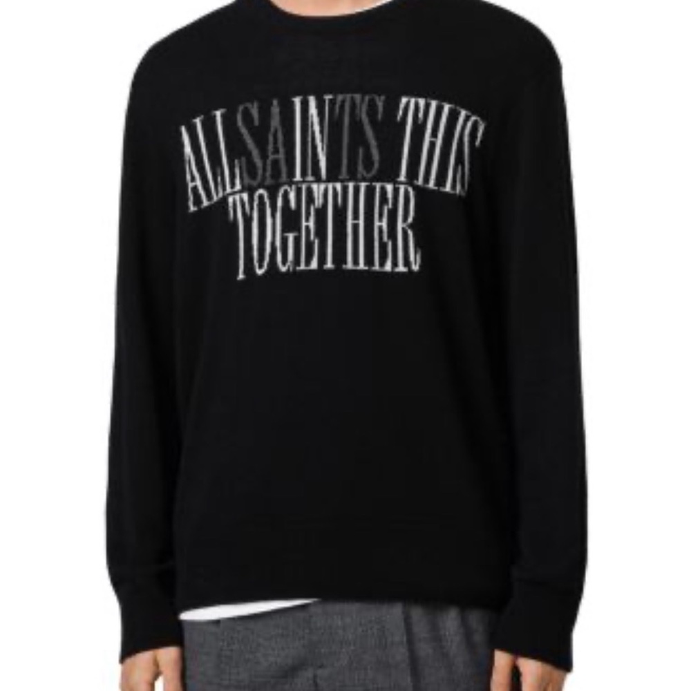 All Saints Men’s Together Crewneck‎ Jumper Sweater Pullover Black Wool